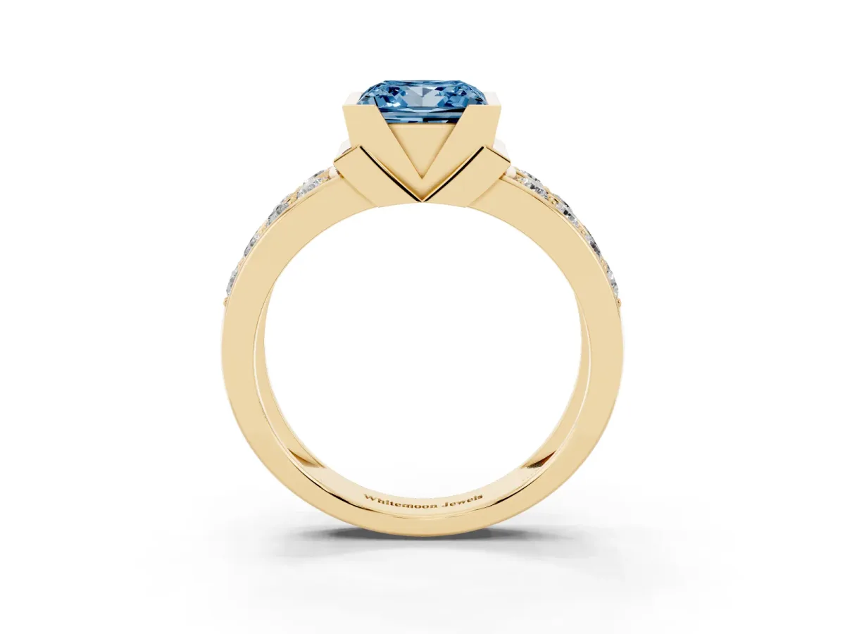 Fancy Blue Princess Cut Brilliant Diamond Channel Set Wide Band Ring with Bezel Setting Yellow gold