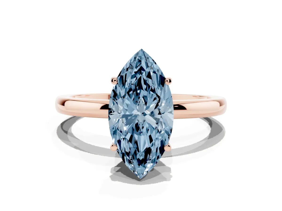 Fancy Blue Marquise Cut Solitaire Diamond Ring with Prong Setting and Plain Band Rose gold