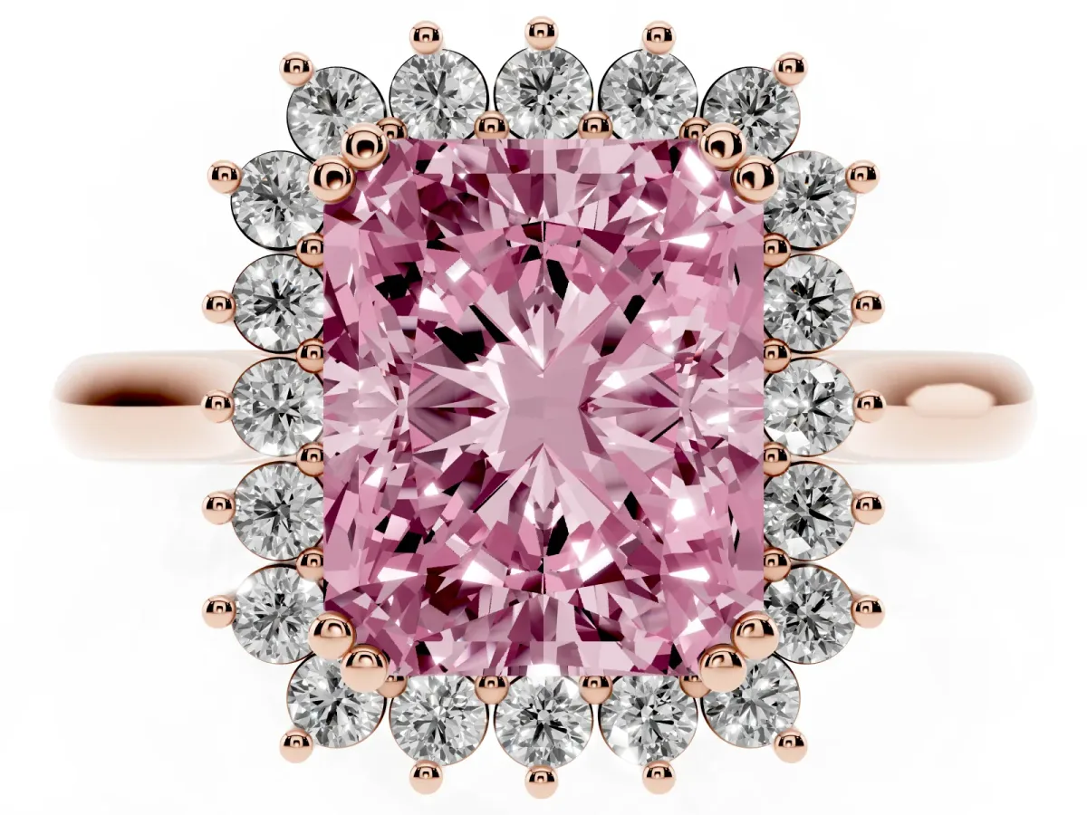 Fancy Pink Radiant Cut Cut Diamond Halo Ring with Solitaire Band and Prong Setting Rose gold