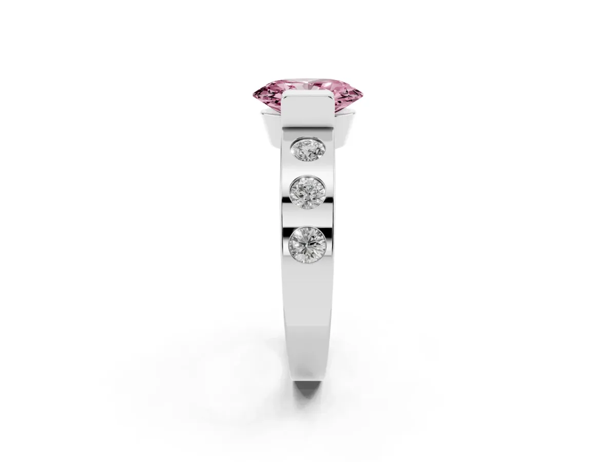 Fancy Pink Oval Cut Brilliant Channel-Set Diamond Ring with Bezel Prong Setting Platinum