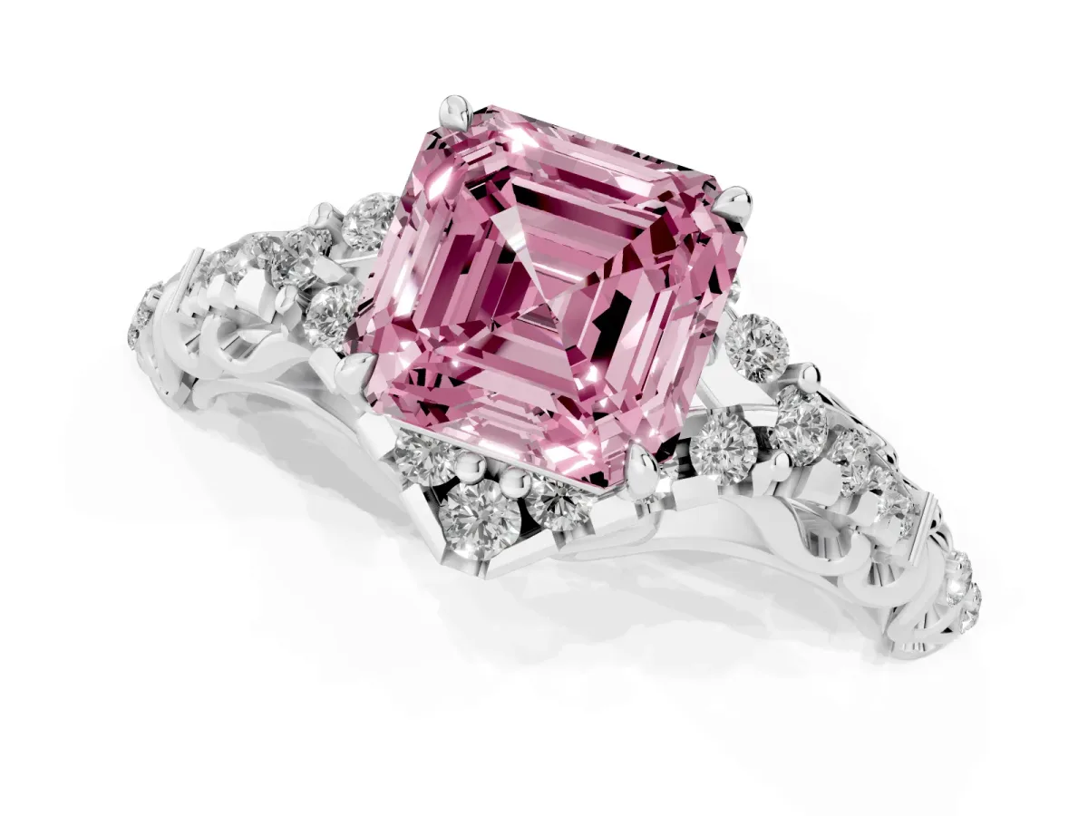 Fancy Pink Asscher Cut Diamond Solitaire Ring with Hidden Halo and Pavé Band Platinum
