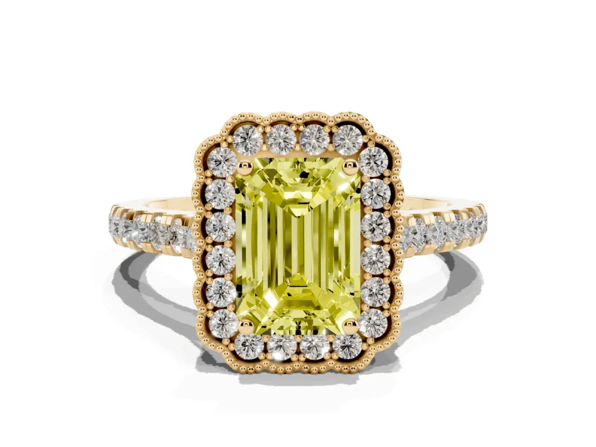 Fancy Yellow Emerald Cut Cut Diamond Milgrain Floral Halo Engagement Ring with Pavé Band Yellow gold