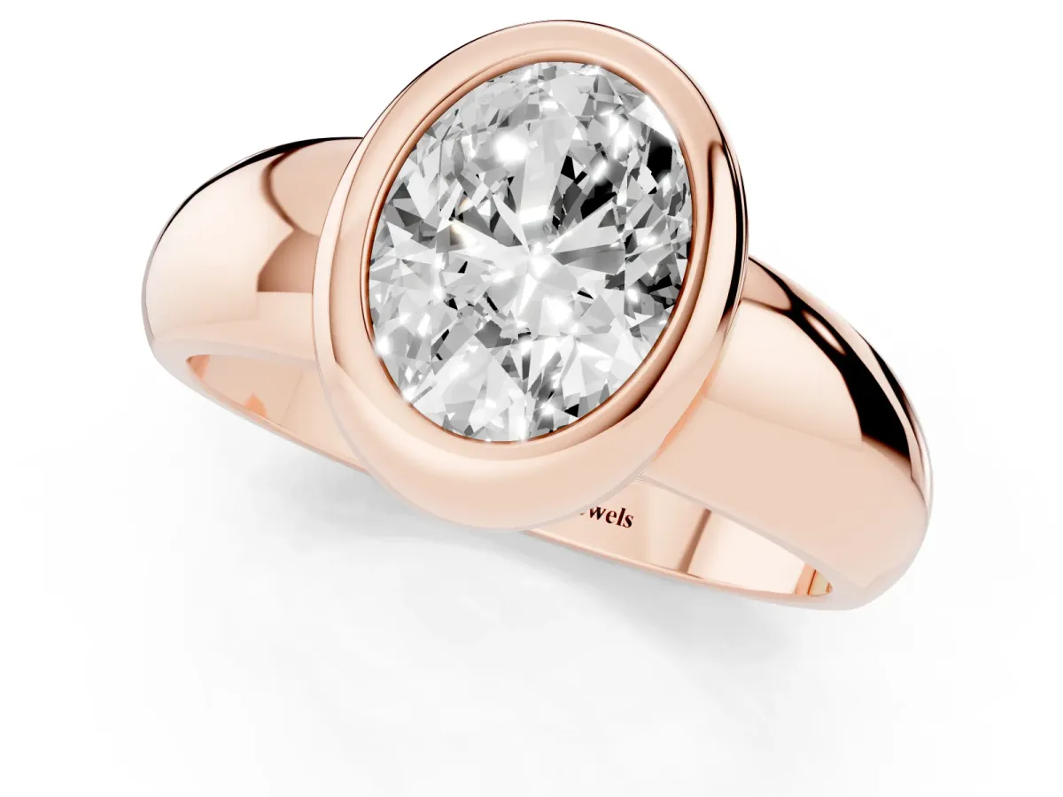 Bezel Set Oval Cut Solitaire Ring with Wide Band Rose gold