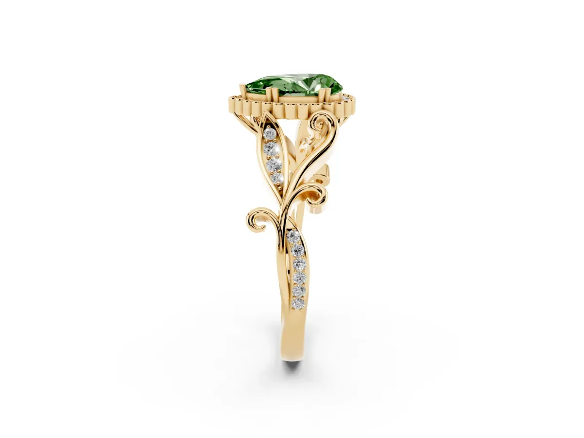 Fancy Green Pear Cut Diamond Halo Ring with Vintage Split Shank and Four-Prong Setting Yellow gold