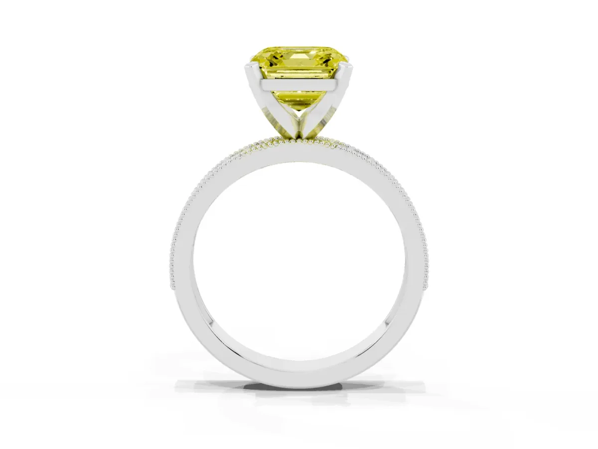 Fancy Yellow Asscher Cut Diamond Milgrain Pavé Engagement Ring with Four-Prong Setting Silver