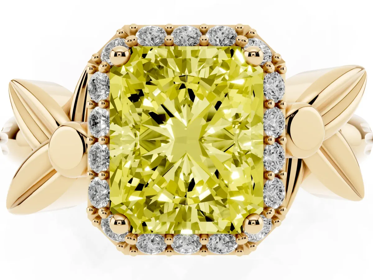 Fancy Yellow Radiant Cut Halo Diamond Floral Band with Four-Prong Setting Yellow gold