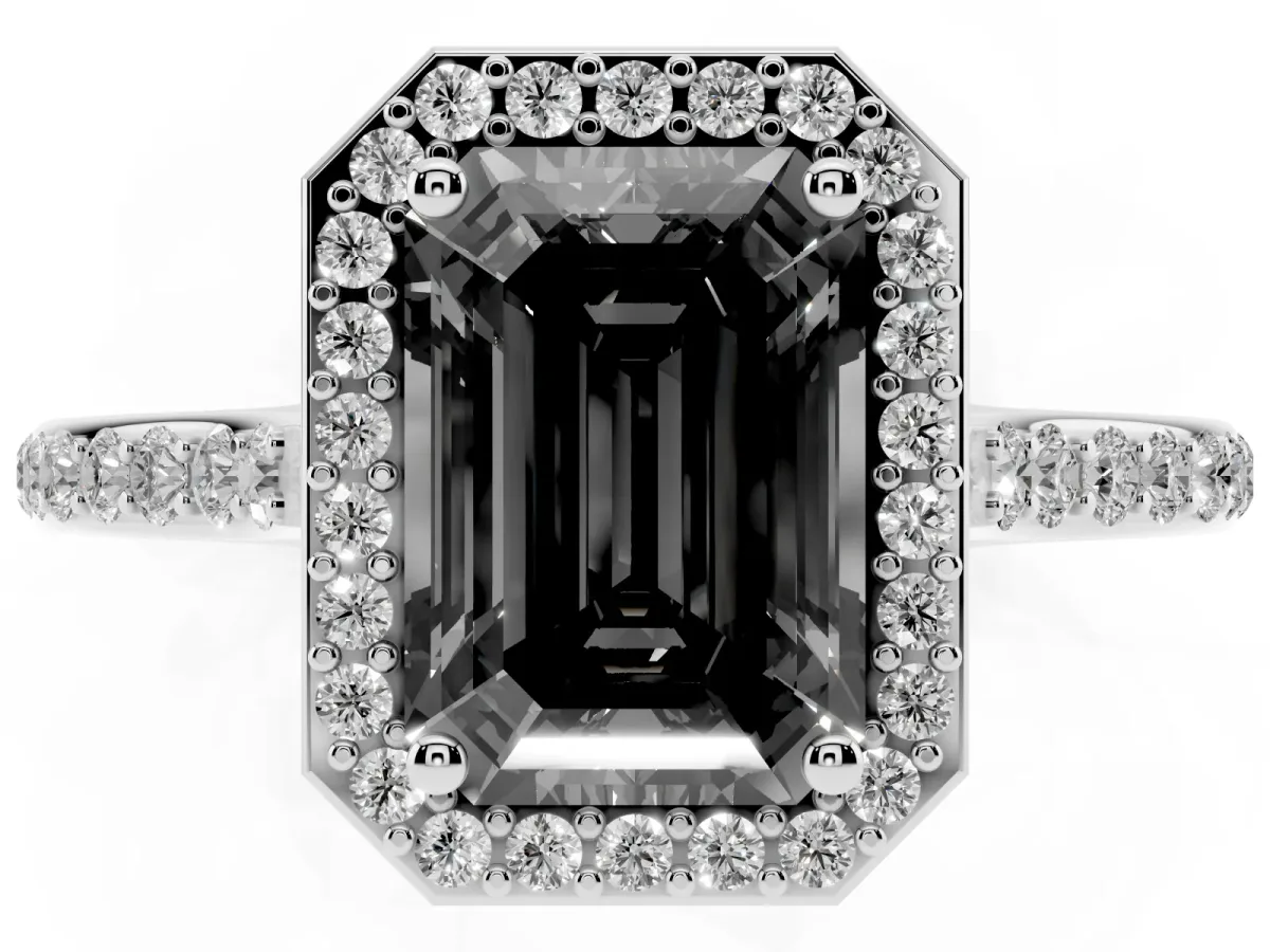 Fancy Black Emerald Cut Diamond Halo Engagement Ring with Round Pavé Shoulders and Prong Setting White gold