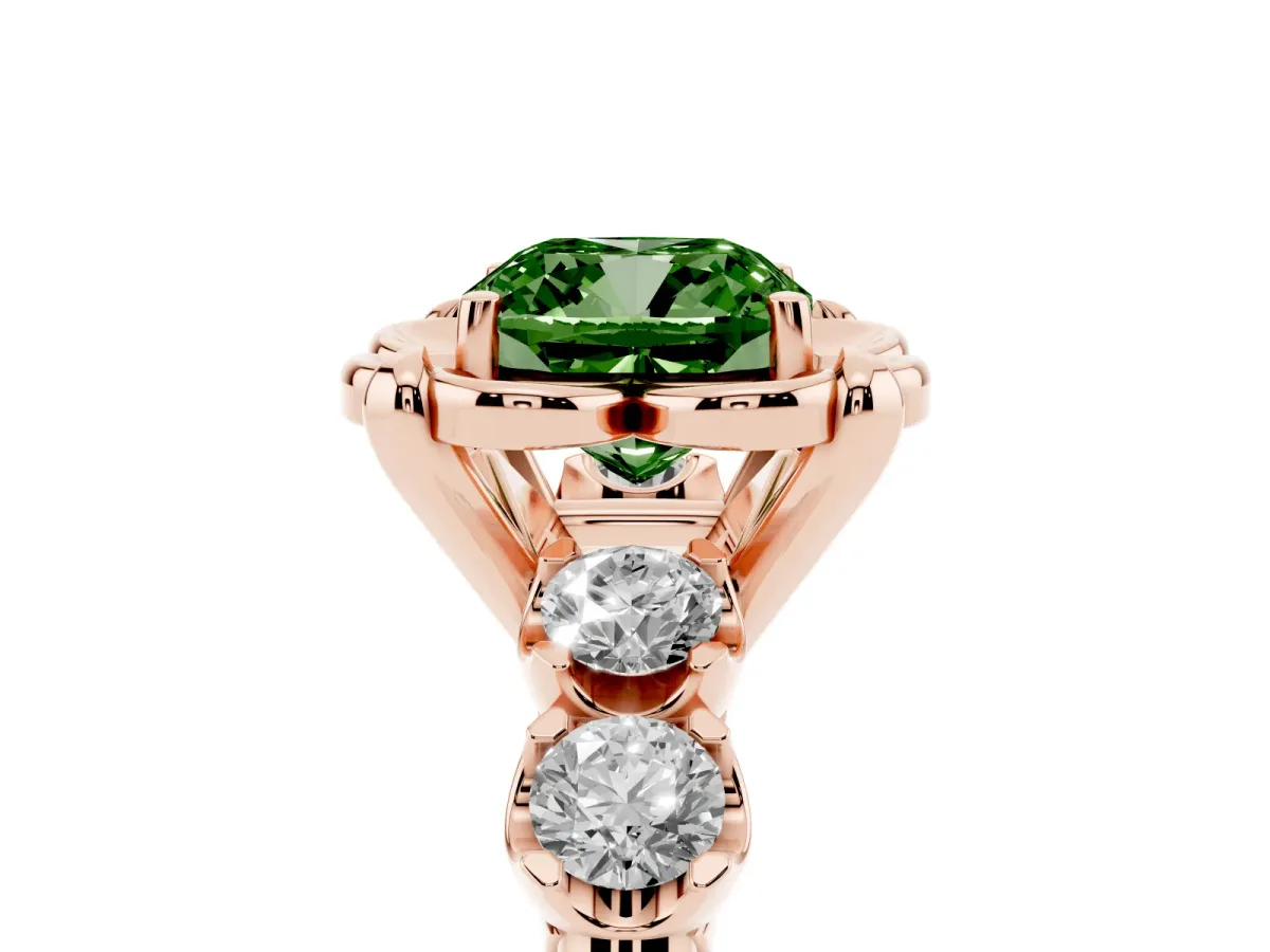 Fancy Green Cushion Cut Cut Diamond Floral Halo Engagement Ring with Shared Prong Setting Rose gold