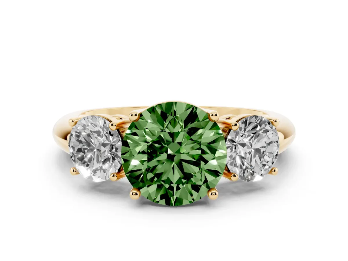 Fancy Green Three-Stone Round Cut Cut Diamond Engagement Ring with Prong Setting on a White Gold Band Yellow gold