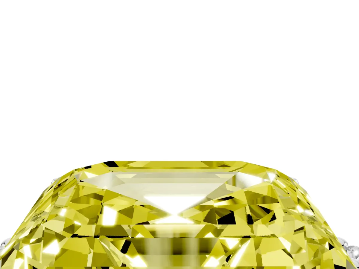 Fancy Yellow Asscher Cut Cut Three-Stone Solitaire Ring with Round Accent Diamonds and Four-Prong Setting Silver