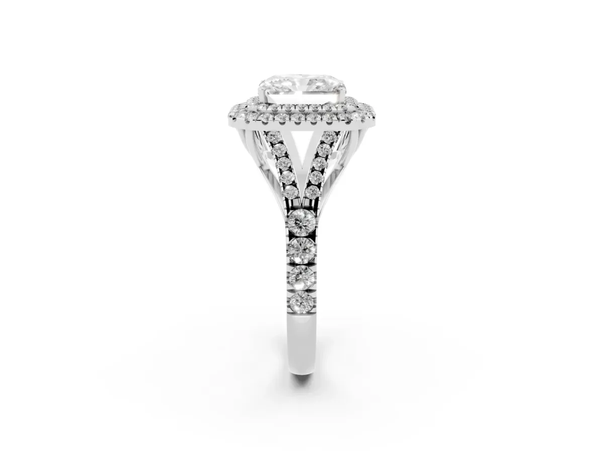 Double Halo Radiant Cut Diamond Split Shank Engagement Ring with Four-Prong Setting Silver