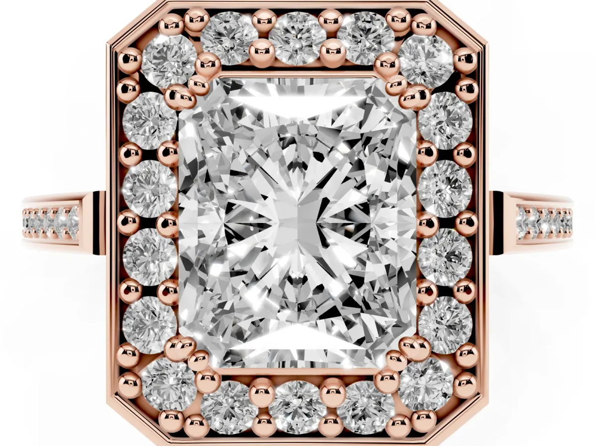 Radiant Cut Diamond Halo Ring with Split Shank and Four-Prong Setting Rose gold