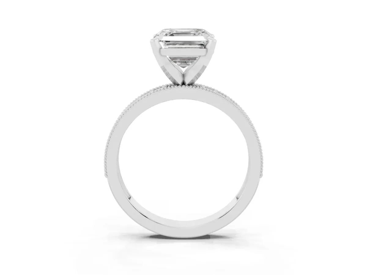 Asscher Cut Diamond Milgrain Pavé Engagement Ring with Four-Prong Setting Silver