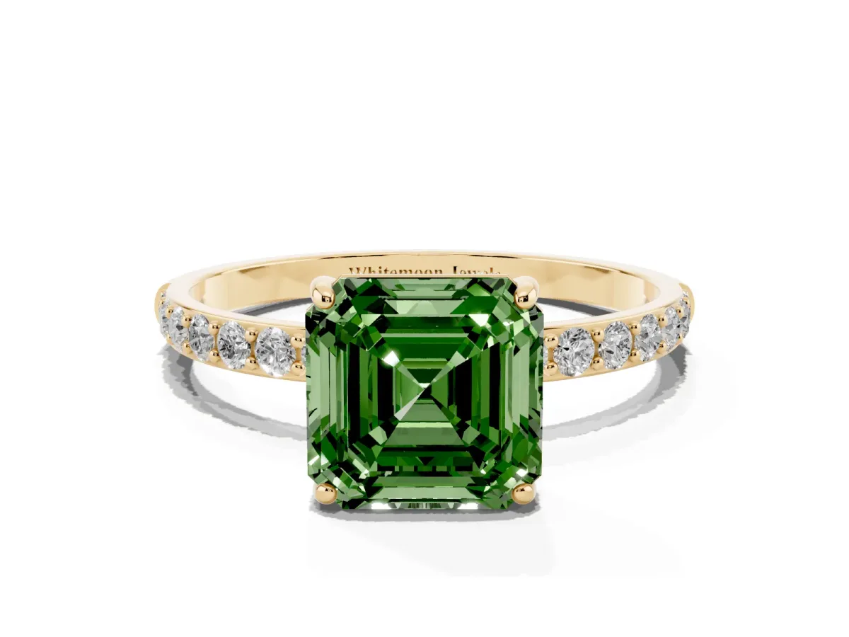 Fancy Green Asscher Cut Diamond Solitaire Ring with Round Pavé Shoulders and Prong Setting Yellow gold