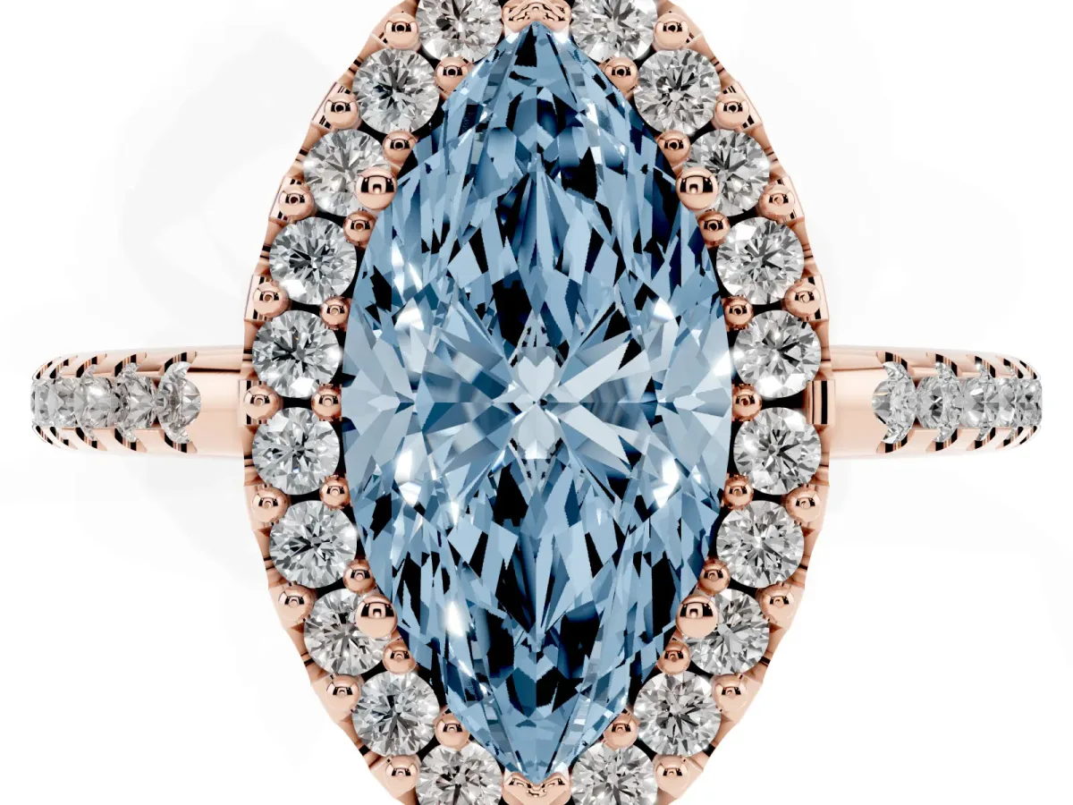 Fancy Blue Marquise Cut Diamond Pavé Halo Ring with Four-Prong Setting Rose gold