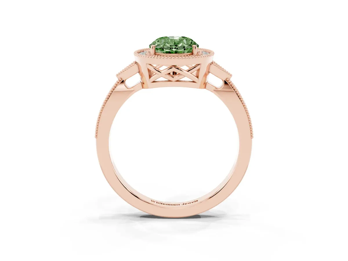 Fancy Green Oval Cut Halo Round Diamond Milgrain Pave Engagement Ring Rose gold