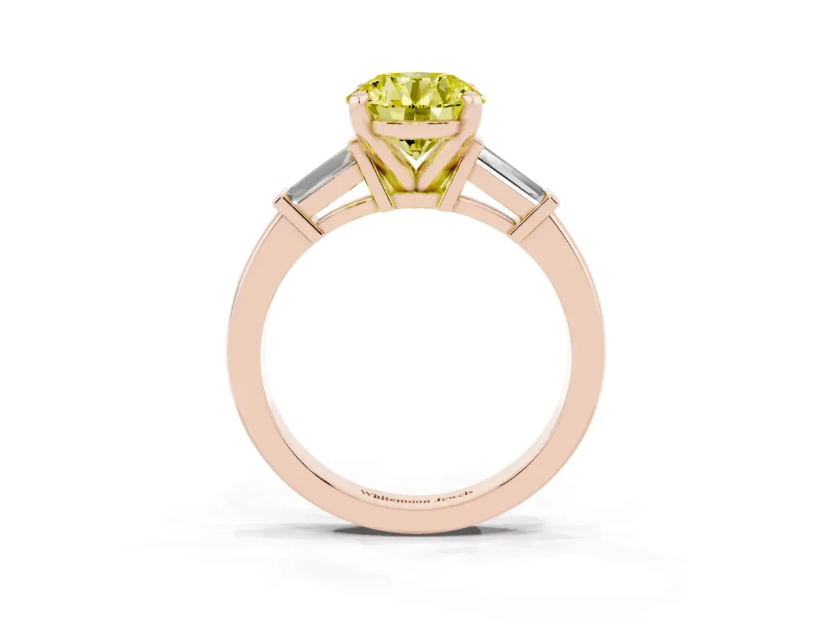 Fancy Yellow Round Cut Cut Diamond Solitaire Ring with Tapered Baguette Accents and Four-Prong Setting Rose gold