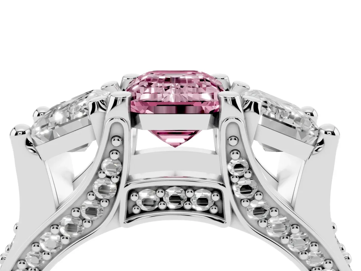 Fancy Pink Emerald Cut Diamond Three-Stone Ring with Channel Set Band and Four-Prong Setting Silver