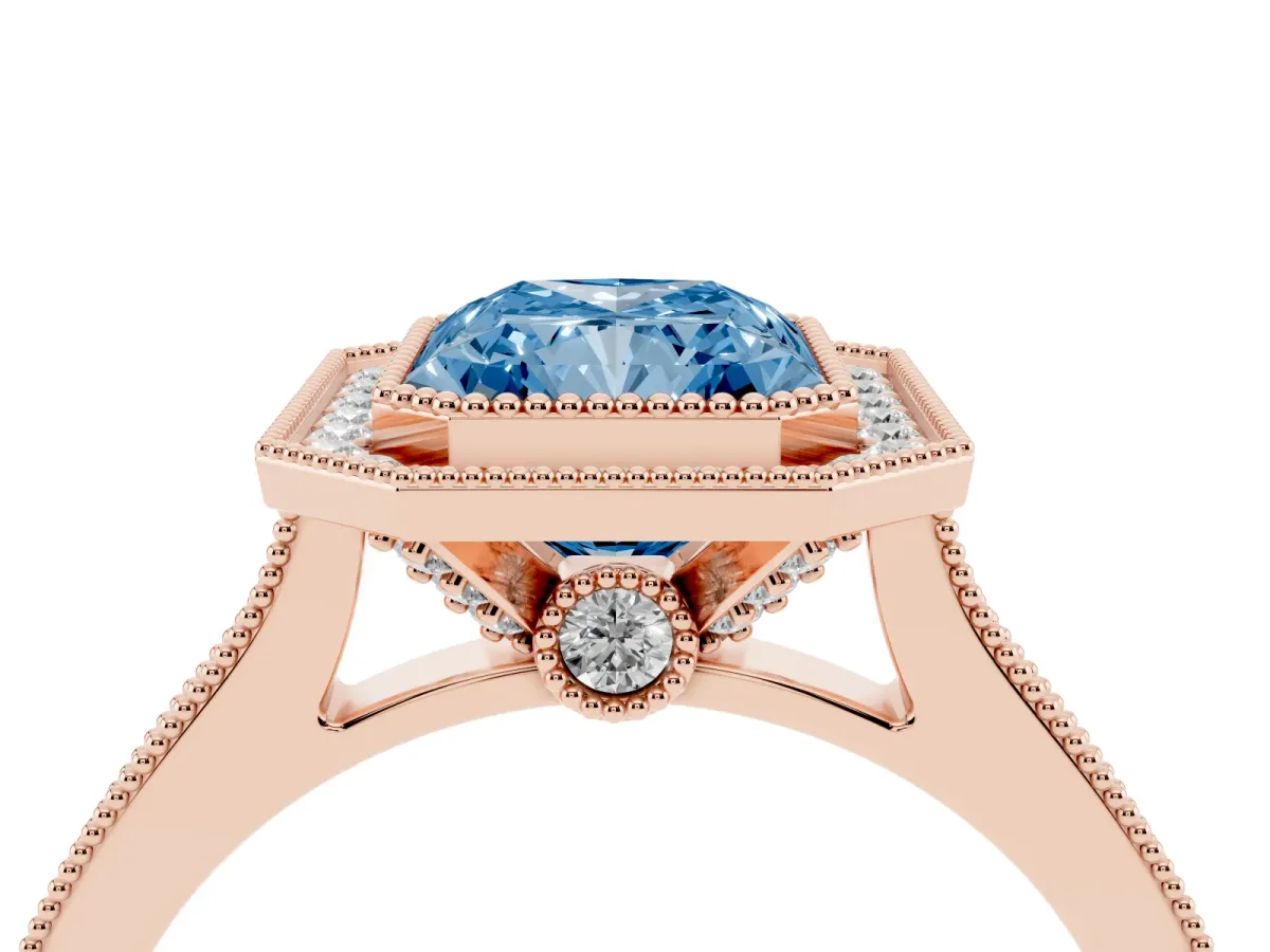 Fancy Blue Halo Radiant Cut-Cut Diamond Pave Band Milgrain Prong Setting Ring Rose gold