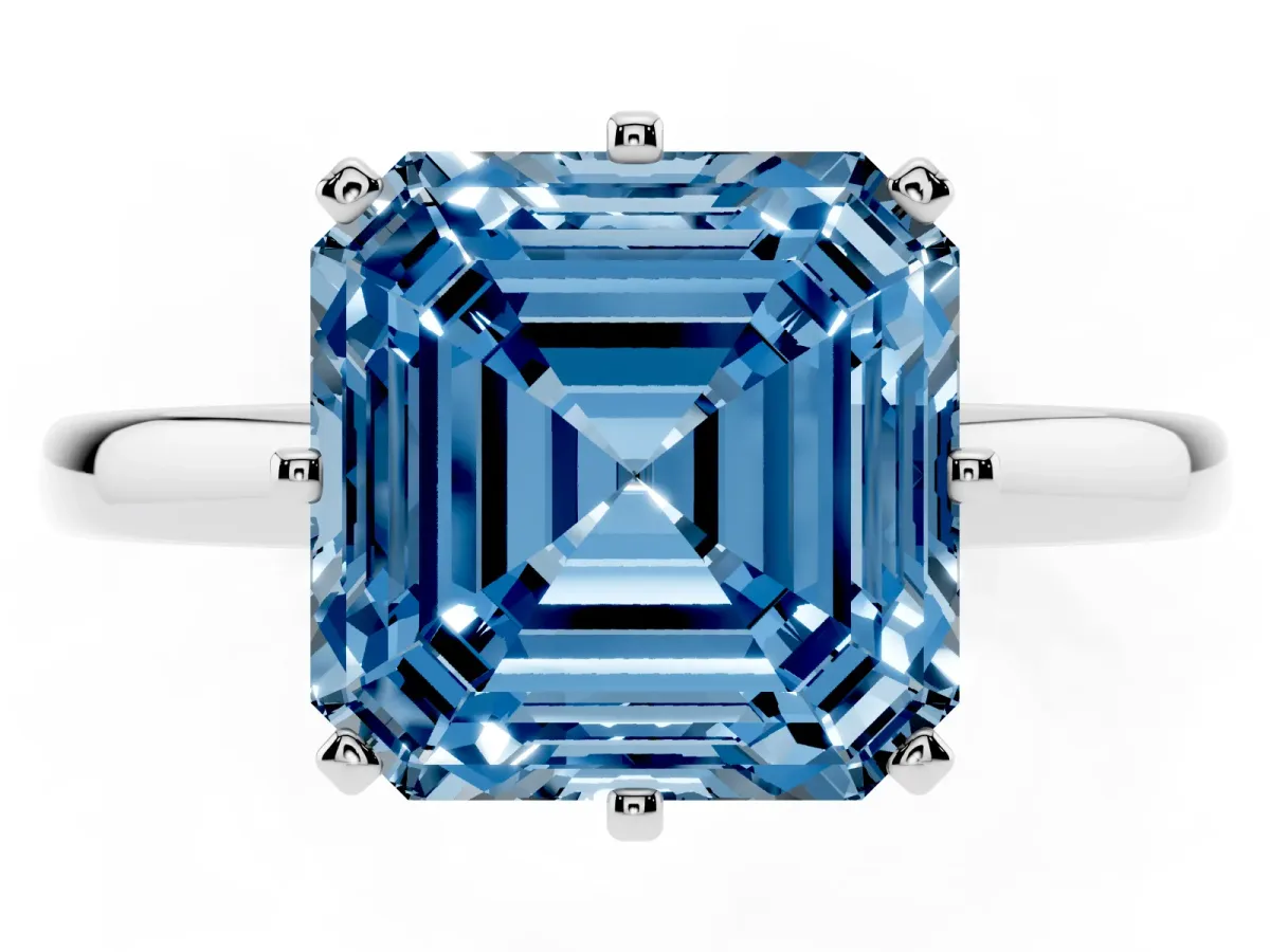 Fancy Blue Asscher Cut Solitaire Diamond Ring with Six-Prong Setting on a Classic Band Silver
