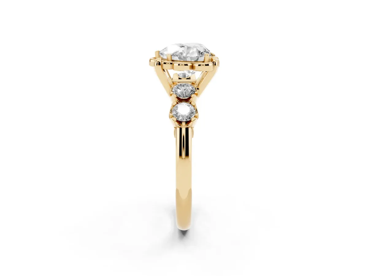 Heart Cut Cut Diamond Floral Halo Engagement Ring with Shared Prong Setting Yellow gold