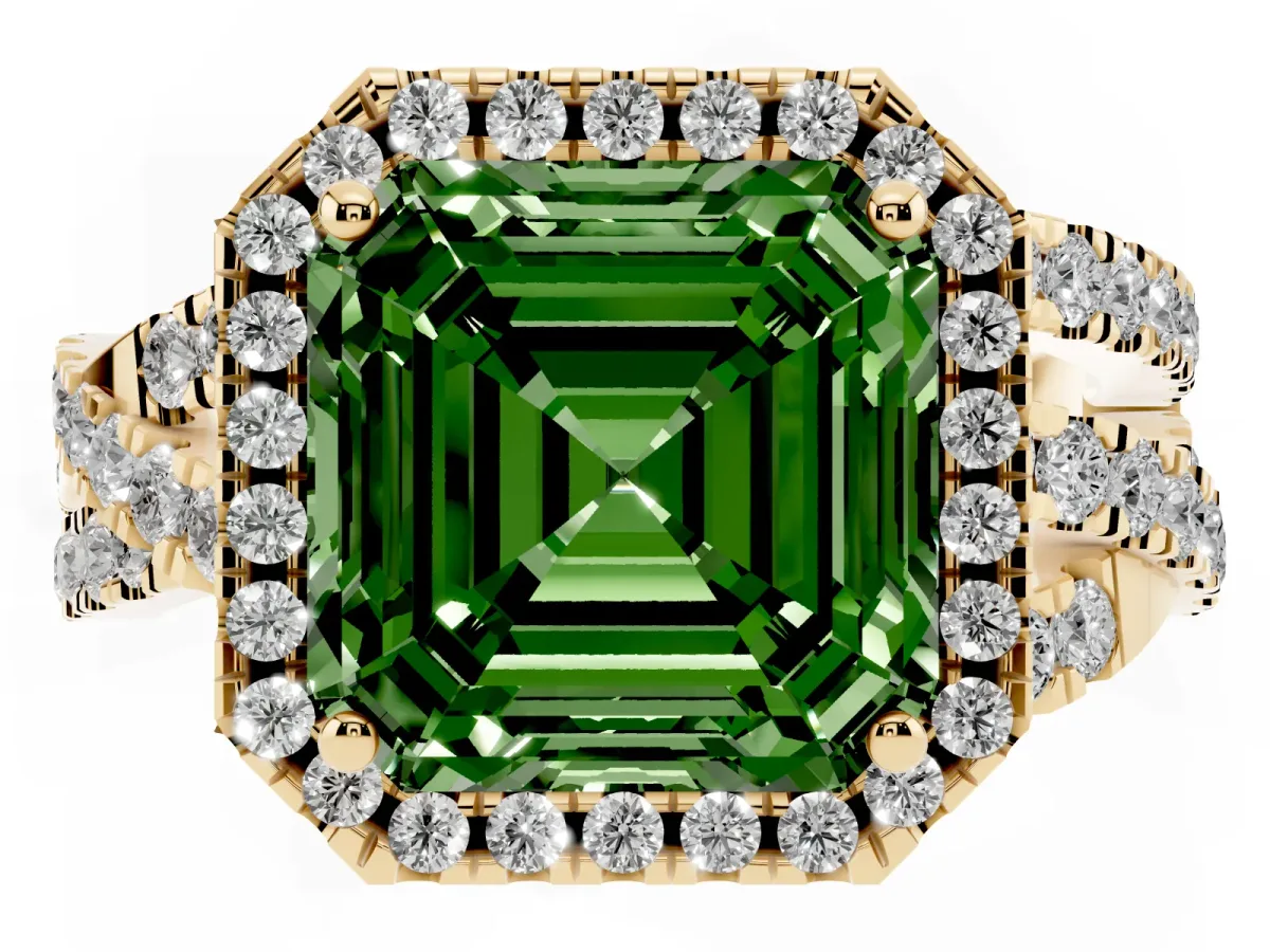 Fancy Green Asscher Cut Diamond Halo Ring with Round Split Shank and Prong Setting Yellow gold