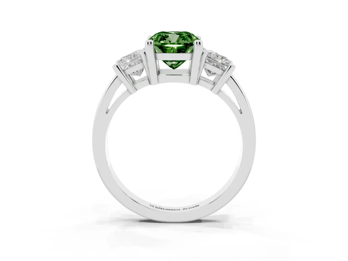 Fancy Green Three-Stone Cushion Cut Cut Solitaire Ring with Prong Setting Silver