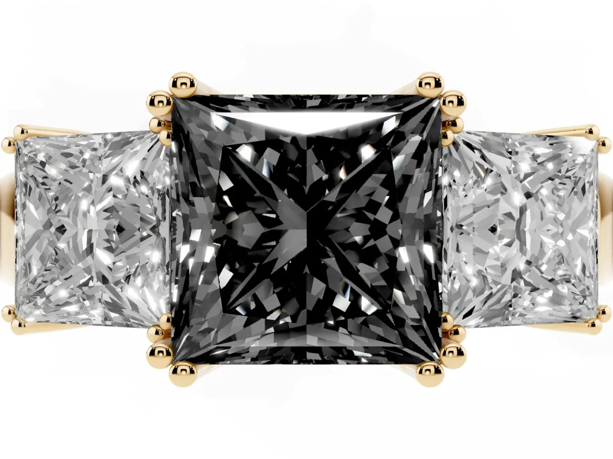 Fancy Black Three-Stone Princess Cut Cut Diamond Ring with Channel Set Band and Four-Prong Setting Yellow gold