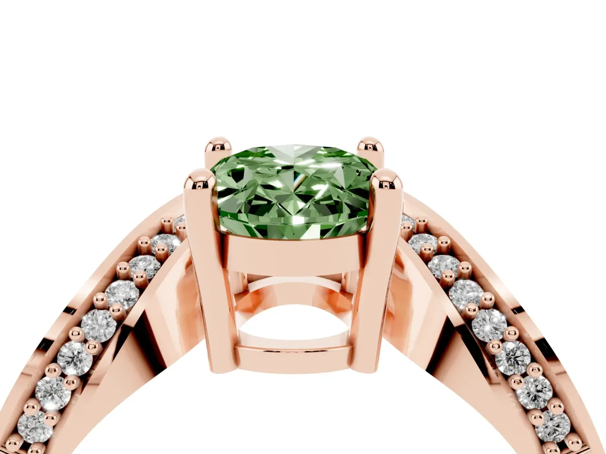 Fancy Green Oval Cut Solitaire Diamond Engagement Ring with Pave Band and Four-Prong Setting Rose gold