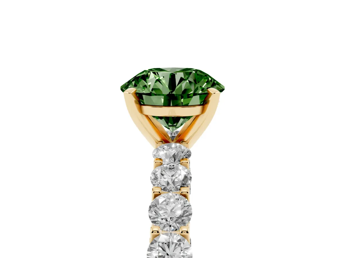 Fancy Green Round Cut Diamond Solitaire Ring with Shared Prong Pavé Band and Four-Prong Setting Yellow gold