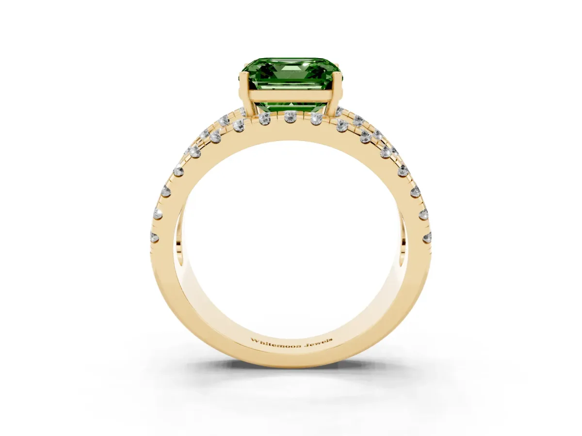 Fancy Green Asscher Cut Solitaire Split Shank Pave Diamond Ring Yellow gold