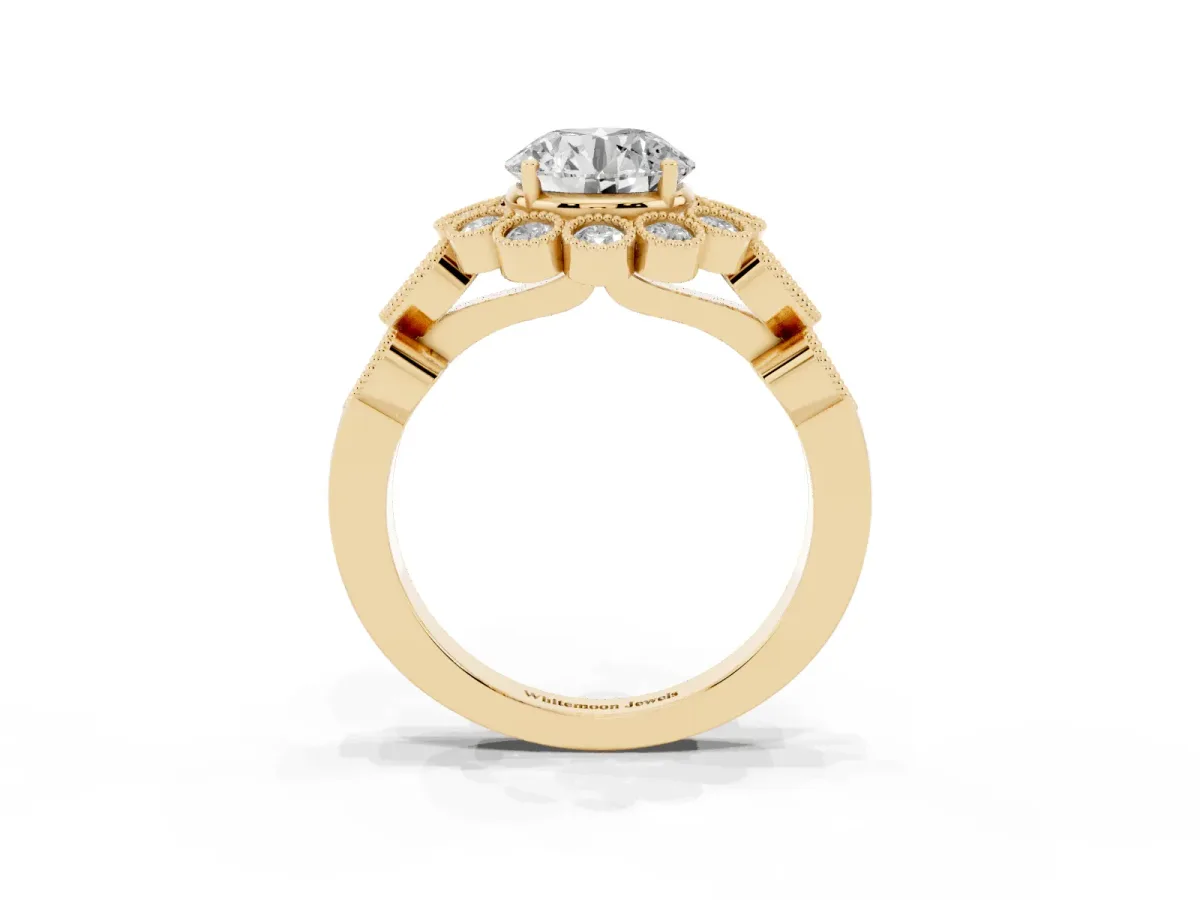 Round Cut Brilliant Milgrain Pave Heart Band Solitaire Ring Yellow gold