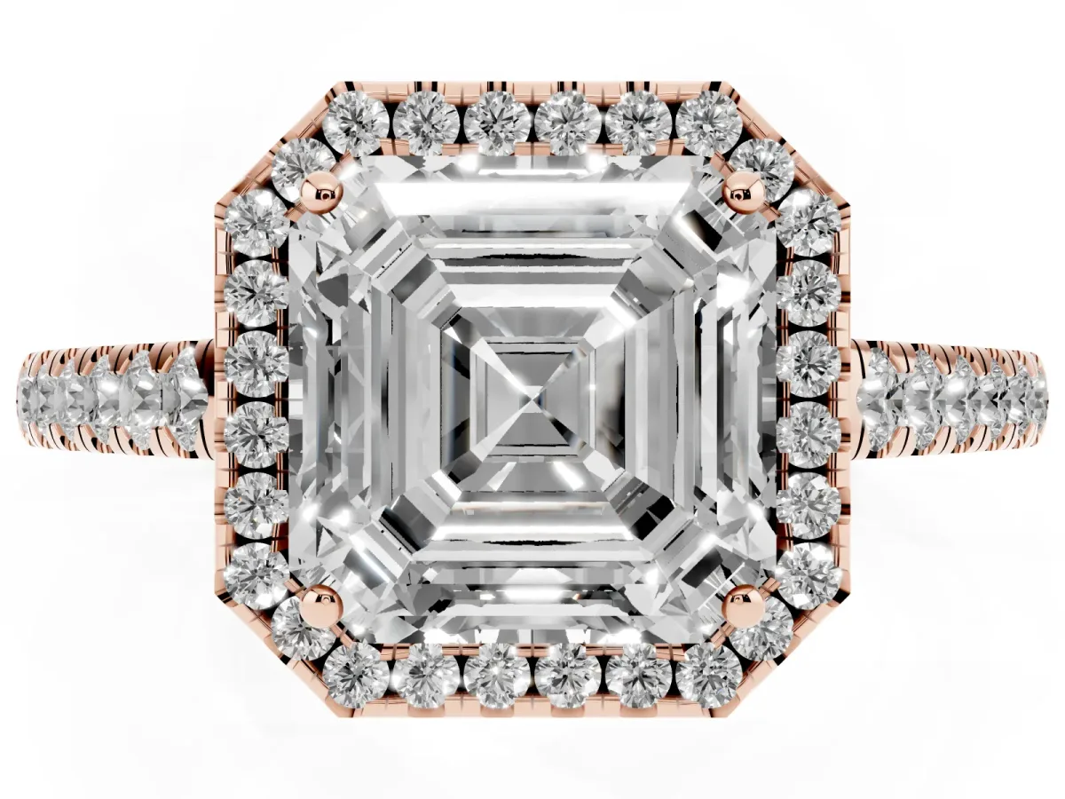 Asscher Cut Halo Pave Diamond Engagement Ring with Four-Prong Setting Rose gold