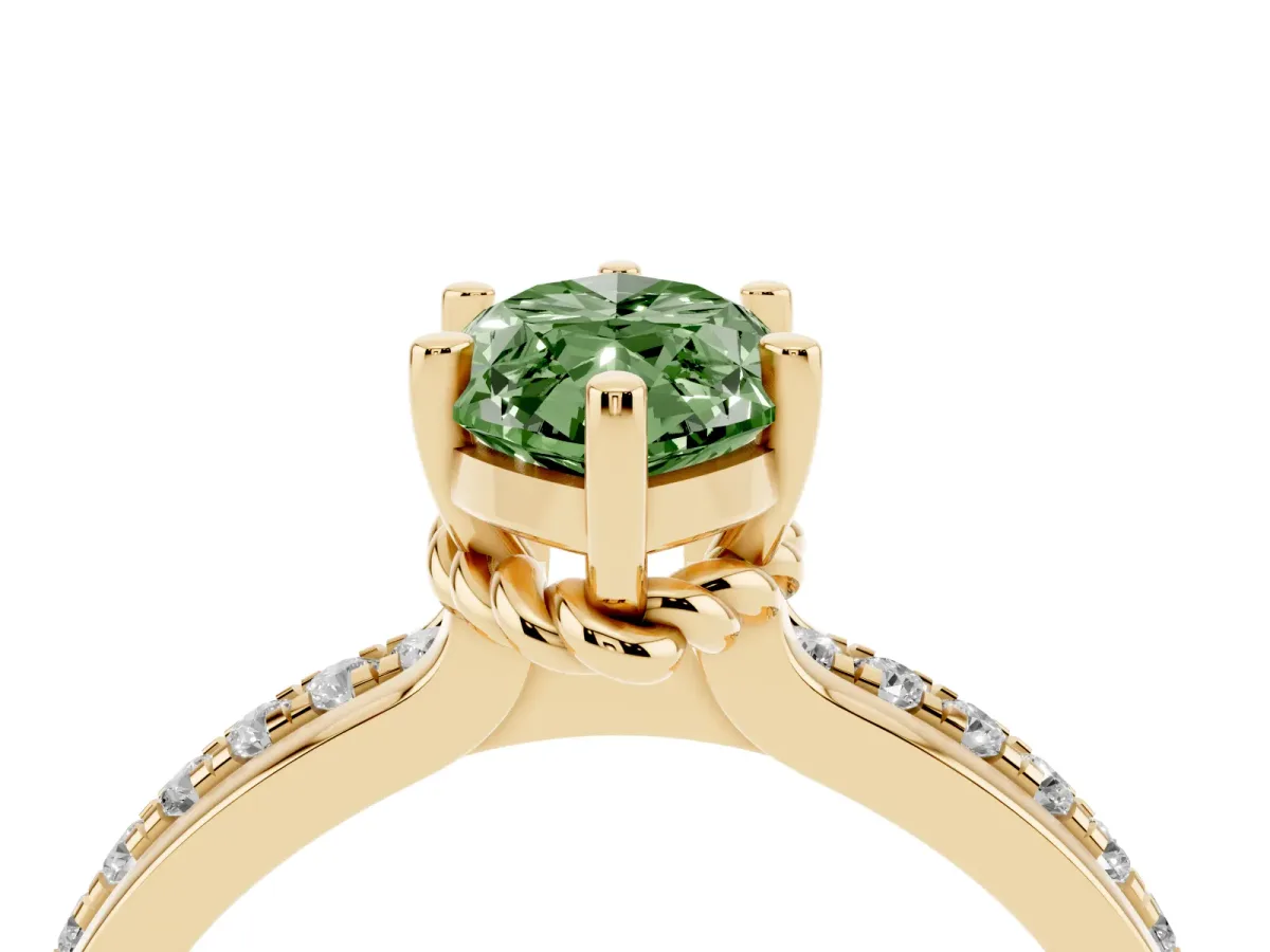 Fancy Green Marquise Cut Solitaire Diamond Ring with Channel Set Band and Six-Prong Setting Yellow gold