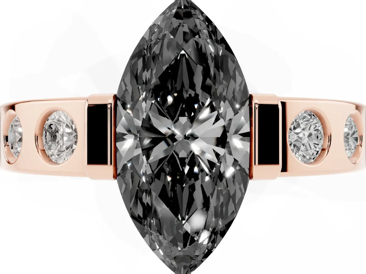 Fancy Black Marquise Cut Brilliant Channel-Set Diamond Ring with Bezel Prong Setting Rose gold
