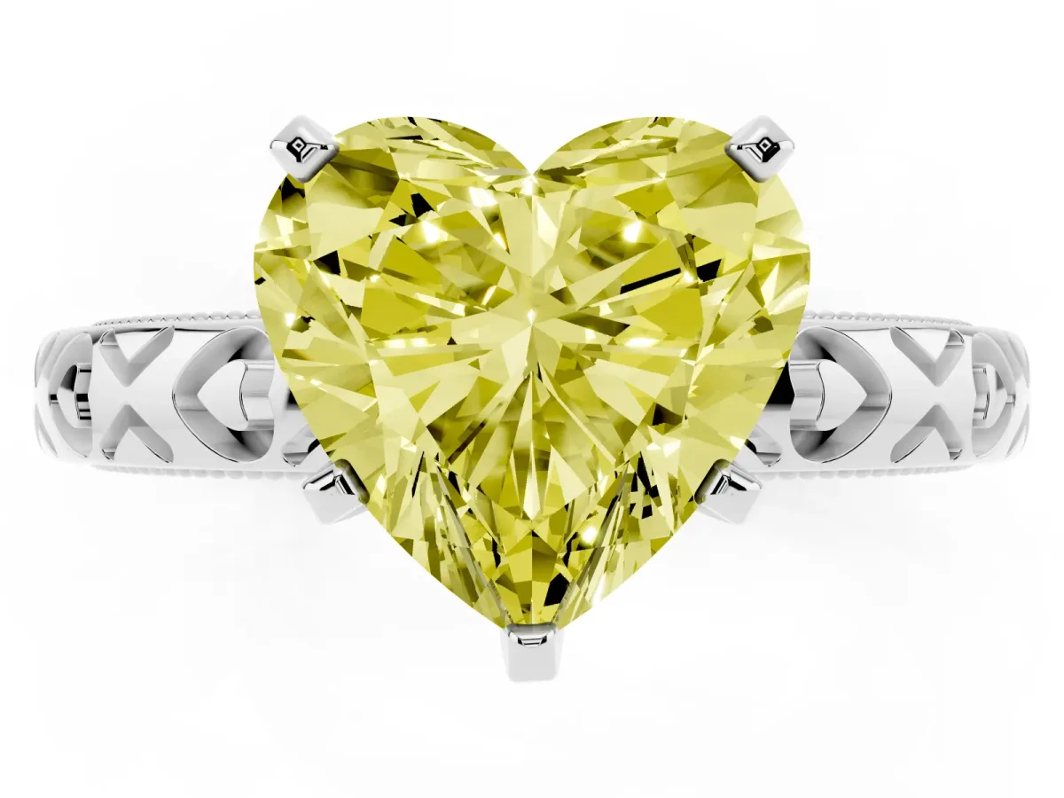 Fancy Yellow Heart Cut Solitaire Diamond Engagement Ring with XO Engraved Band and Four-Prong Setting White gold