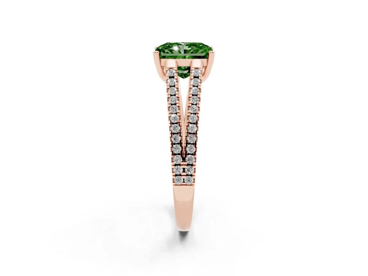 Fancy Green Radiant Cut Diamond Solitaire Engagement Ring with Split Shank Pavé Band Rose gold