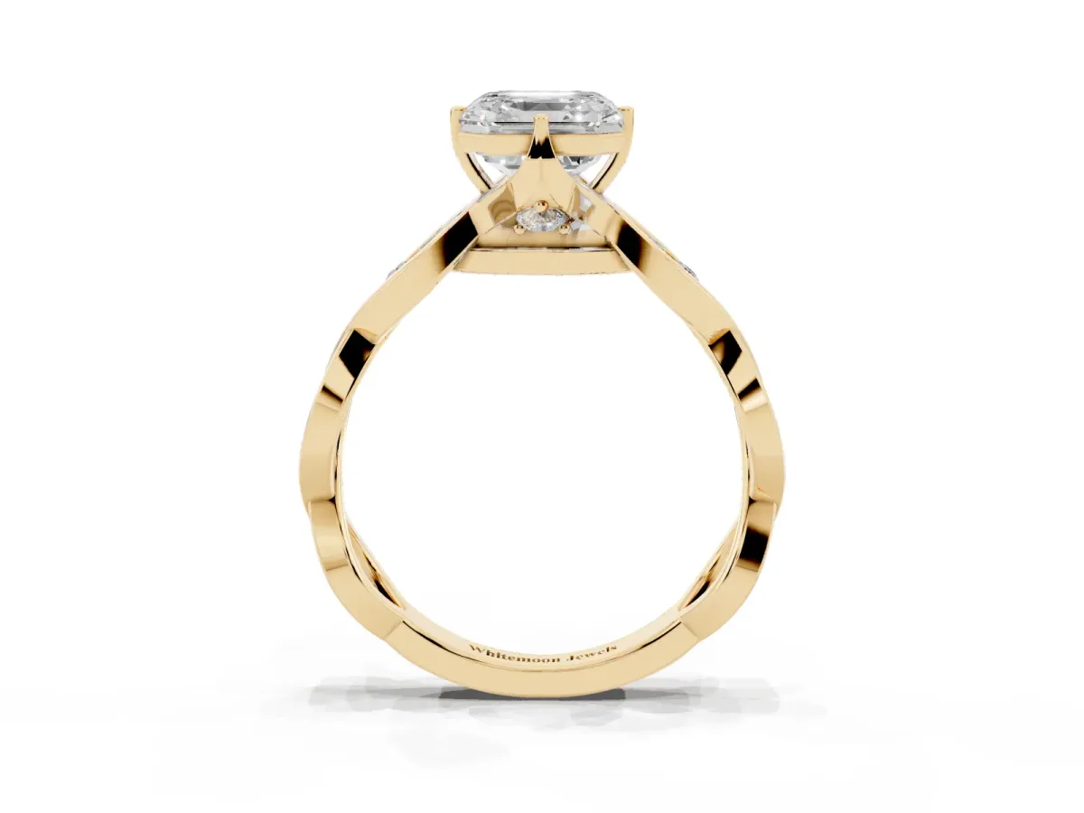 Asscher Cut Solitaire Twist Band with Leaf Prong Setting Yellow gold