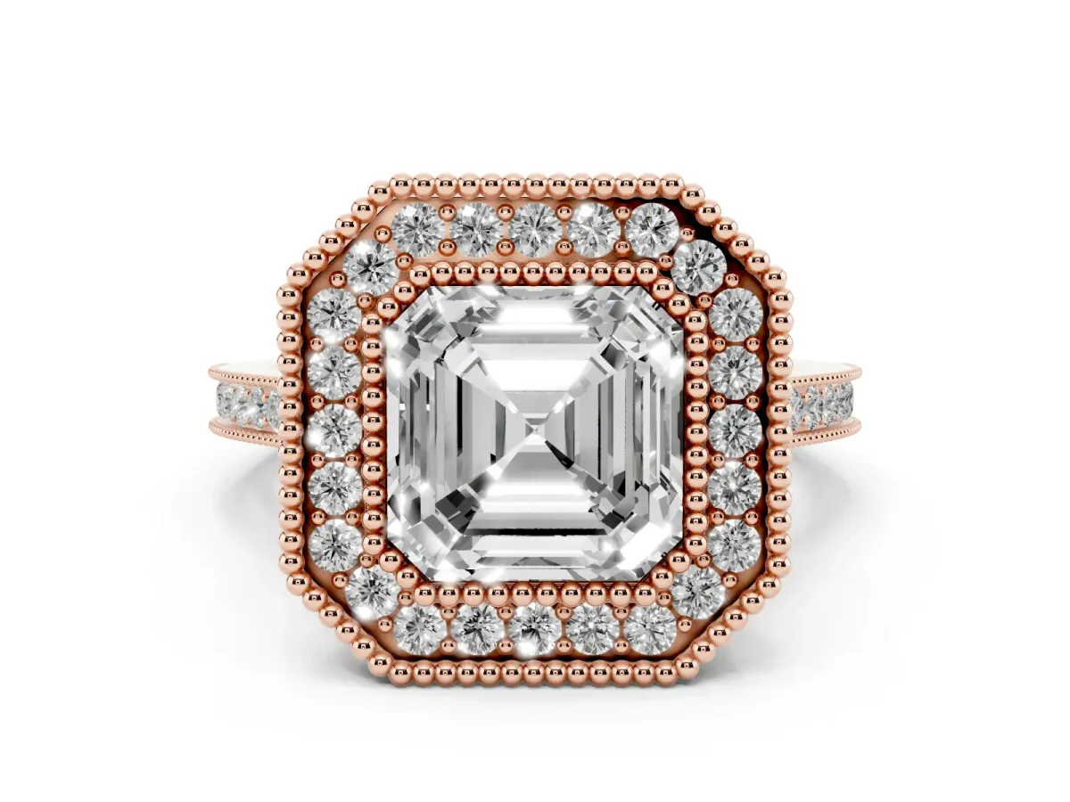 Asscher Cut Diamond Halo Ring with Milgrain Frame and Pavé Band Rose gold