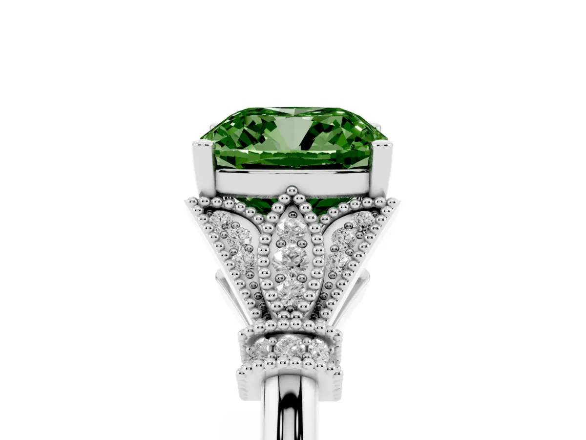 Fancy Green Cushion Cut Diamond Solitaire Ring with Floral Filigree and Pave Accents Silver