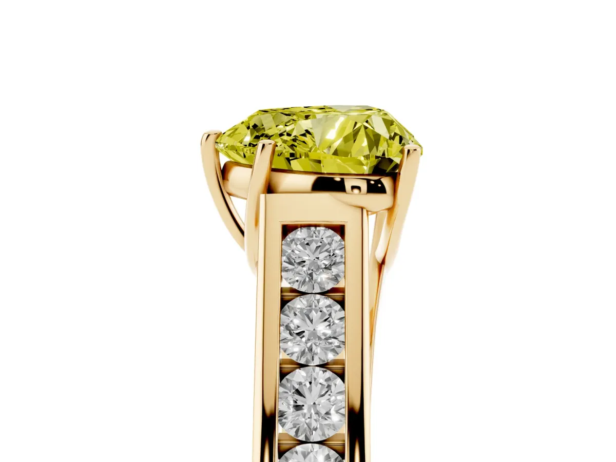 Fancy Yellow Heart Cut Brilliant Channel-Set Solitaire Ring with Four-Prong Setting Yellow gold