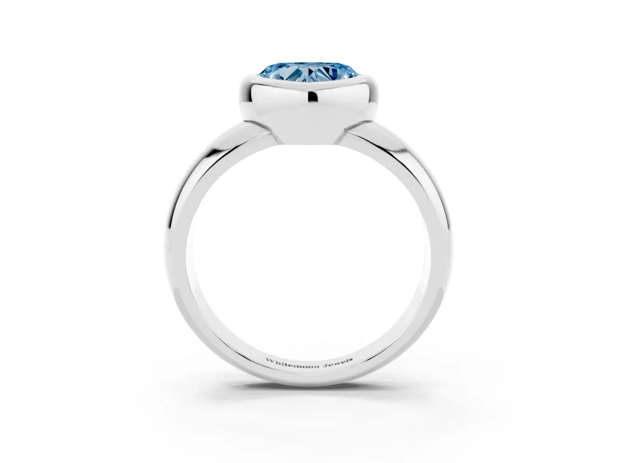 Fancy Blue Bezel Set Heart Cut Solitaire Ring with Wide Band Platinum