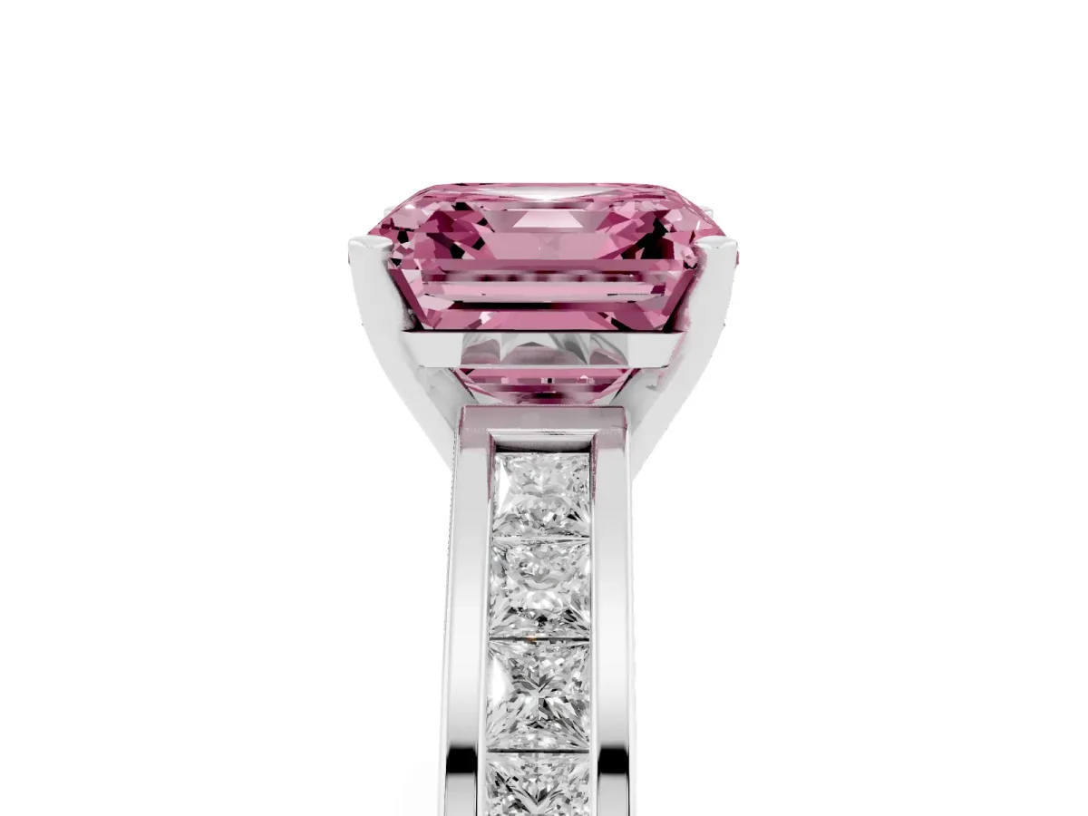 Fancy Pink Asscher Cut Solitaire Diamond Ring with Channel-Set Band and Four-Prong Setting Platinum