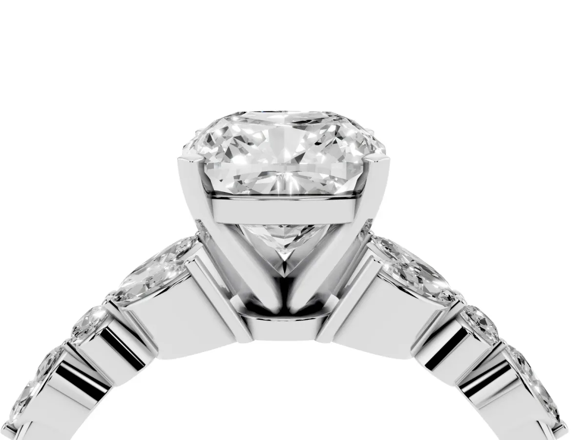 Cushion Cut Diamond Solitaire Ring with Side Stones and Four-Prong Setting Silver
