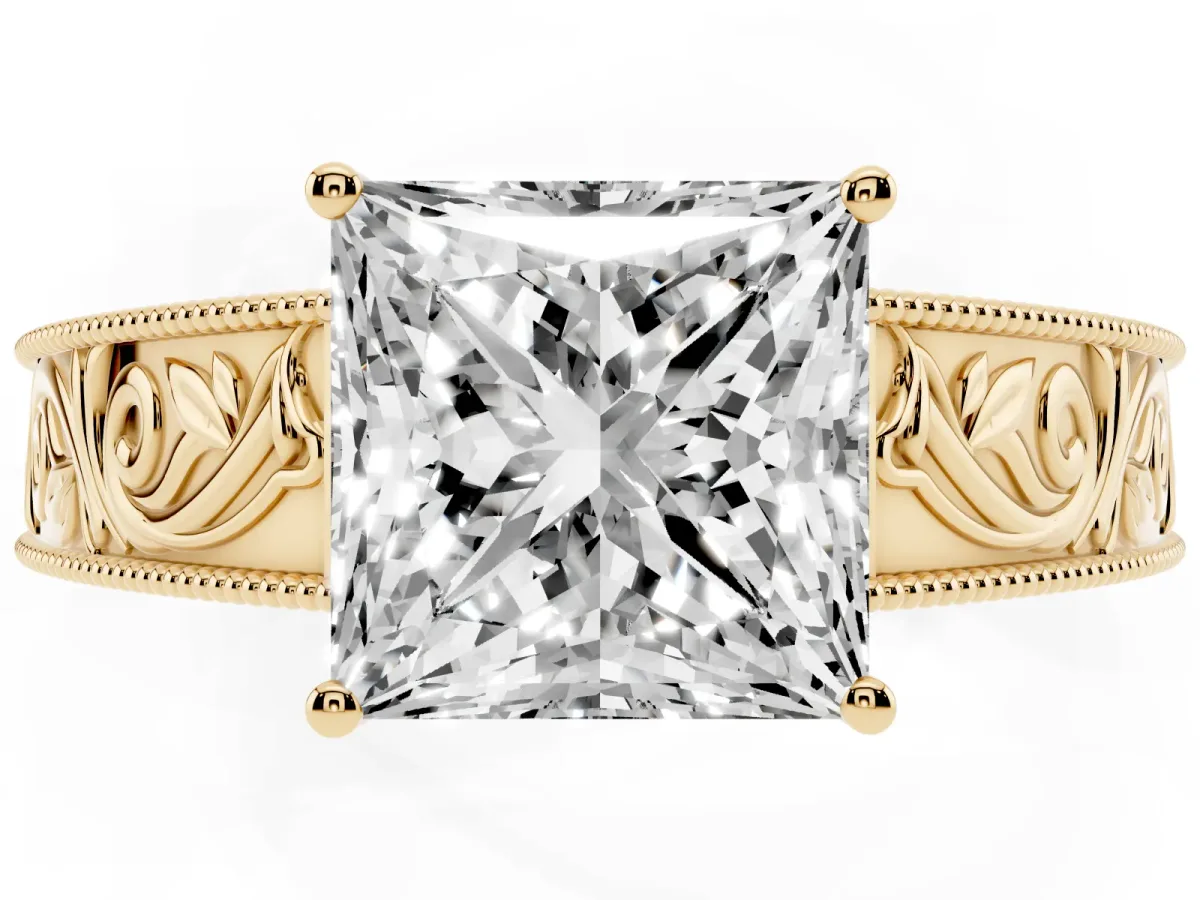 Princess Cut Diamond Solitaire Ring with Engraved Band and Four-Prong Setting Yellow gold