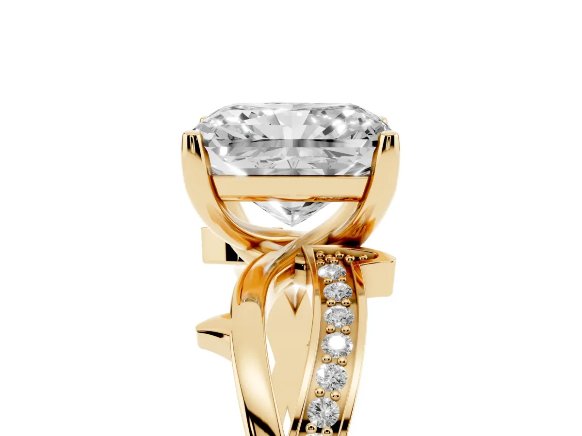 Radiant Cut Solitaire Twist Band with Pavé Accents and Four-Prong Setting Yellow gold
