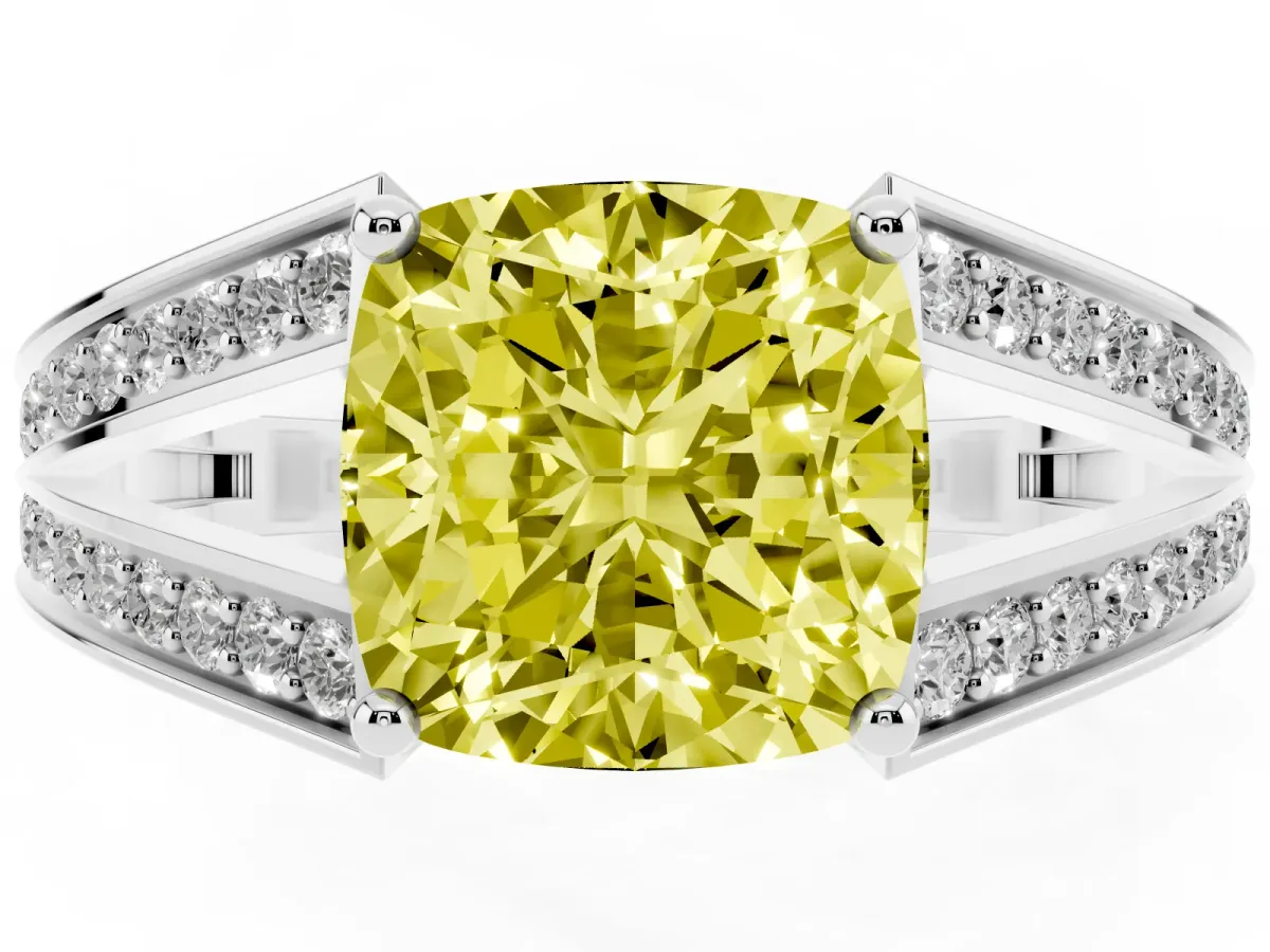 Fancy Yellow Cushion Cut Diamond Split Shank Ring with Pavé Band and Four-Prong Setting White gold