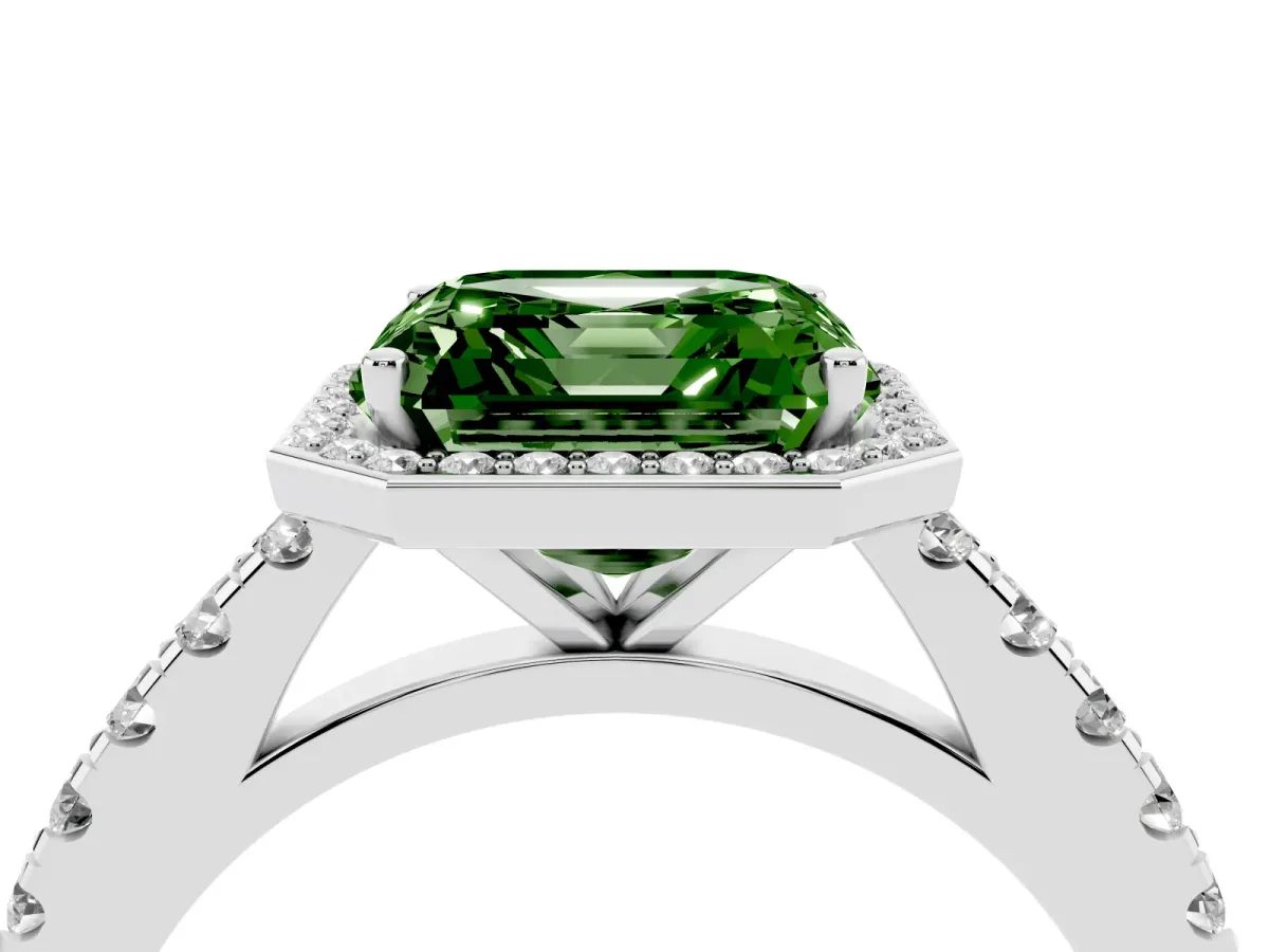 Fancy Green Asscher Cut Cut Halo Diamond Engagement Ring with Pave Band and Four-Prong Setting White gold