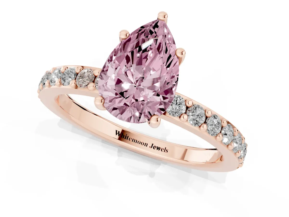 Fancy Pink Pear Cut Cut Diamond Solitaire with Pave Band and Four-Prong Setting Rose gold