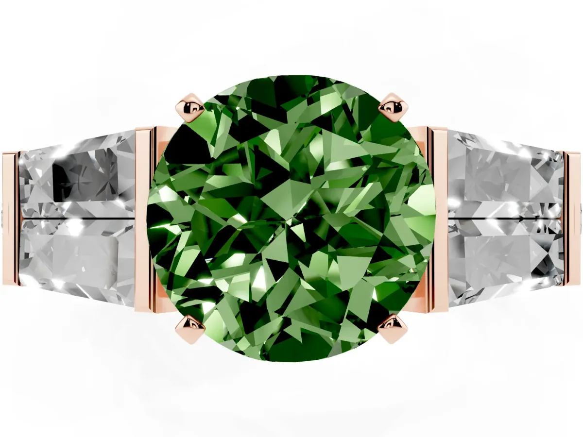 Fancy Green Round Cut Diamond Engagement Ring with Baguette Side Stones and Channel Set Band Rose gold